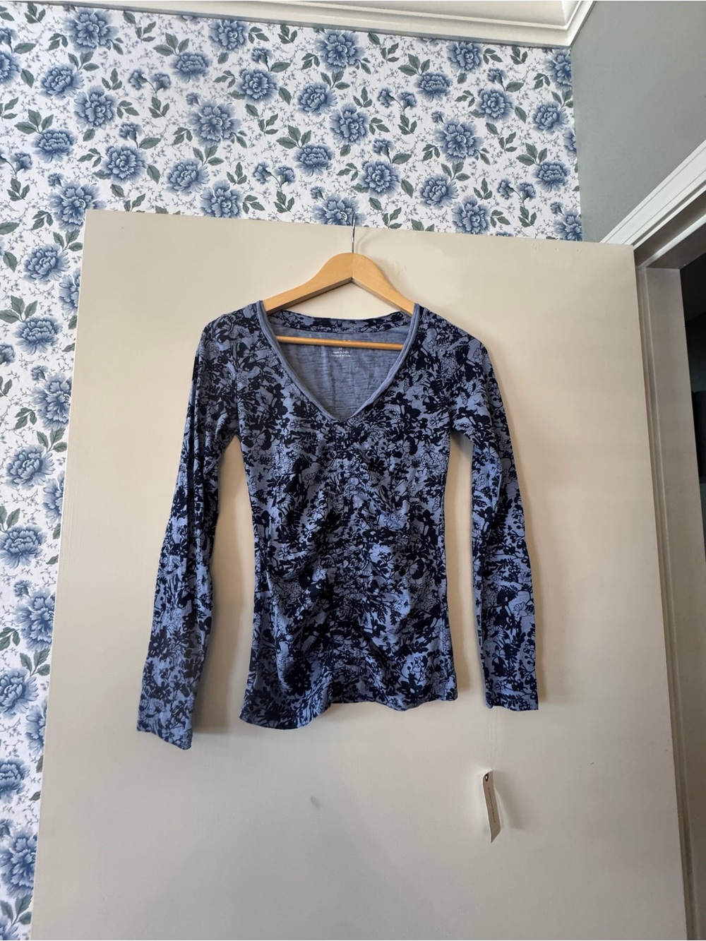 Anthropologie Blue Floral-Print V-Neck Long Sleeve Top